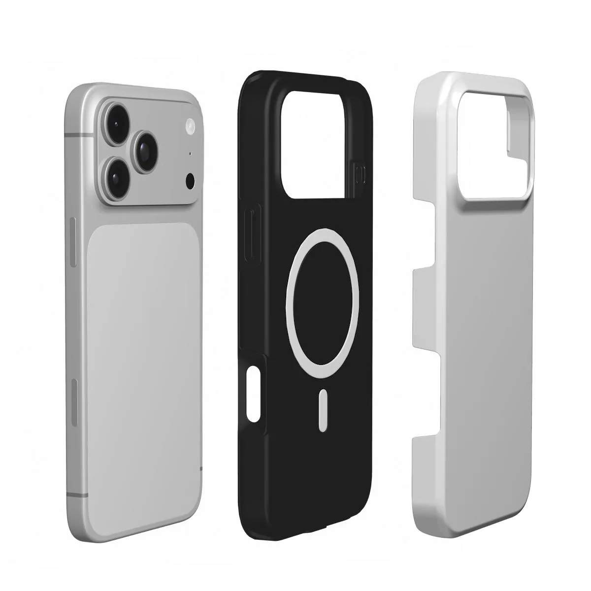 Layers of a MagSafe Tough case: the phone, the liner with a magnetic ring and the printed shell