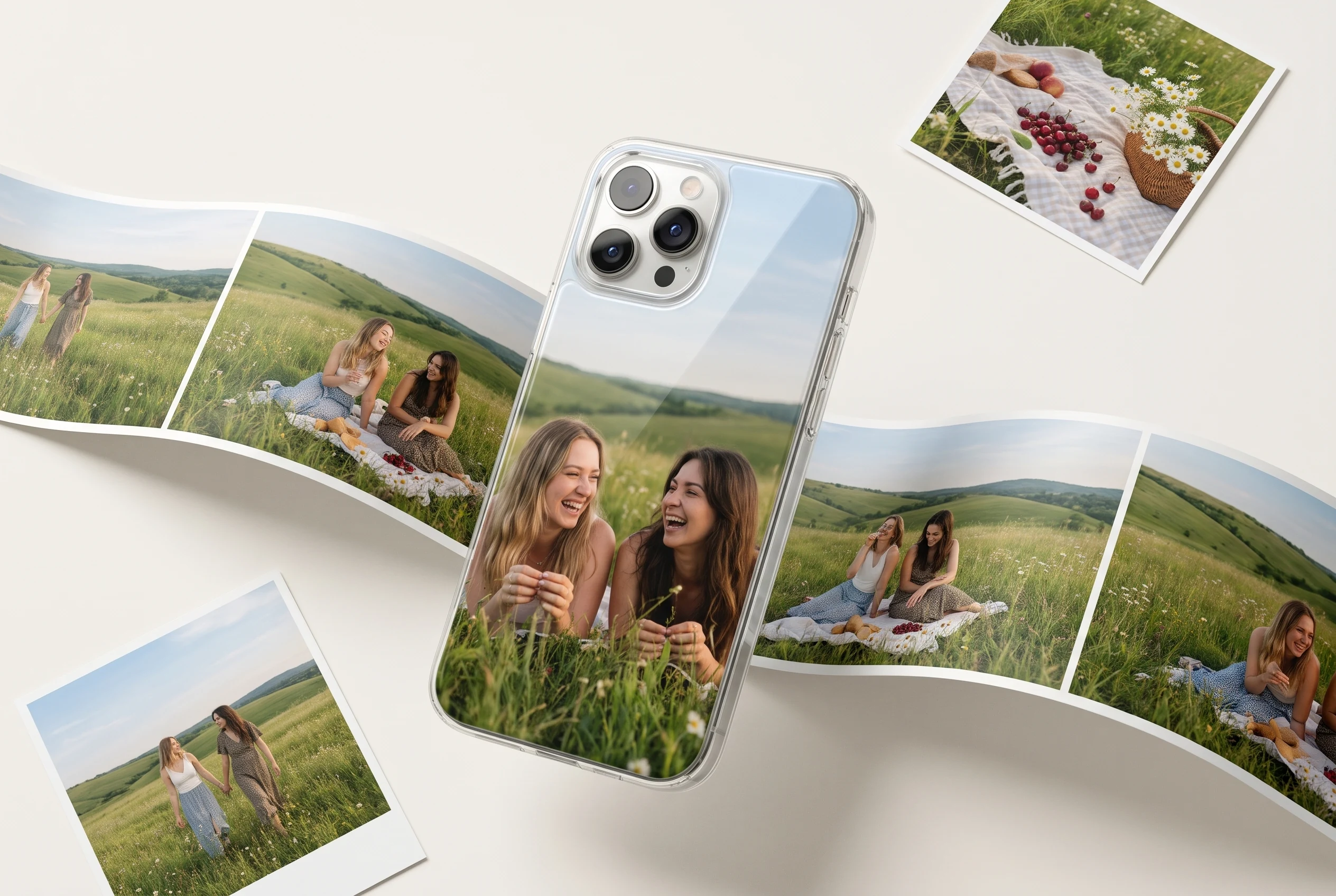 Clear phone case printed with two friends in a meadow, surrounded by curling photo prints
