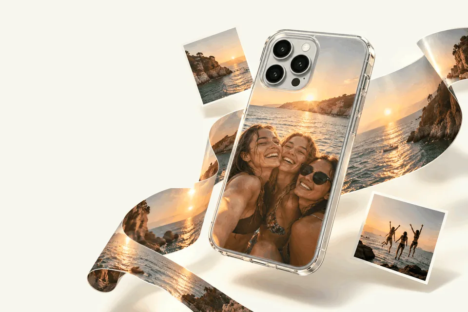 A phone case printed with a sunset selfie, surrounded by travel photos
