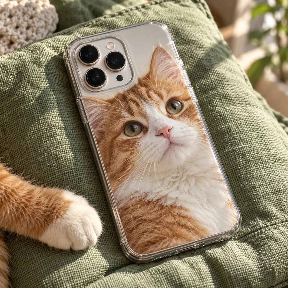 Phone case printed with a cat photo