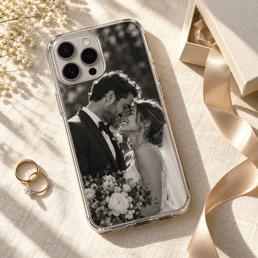 Phone case printed with a wedding photo